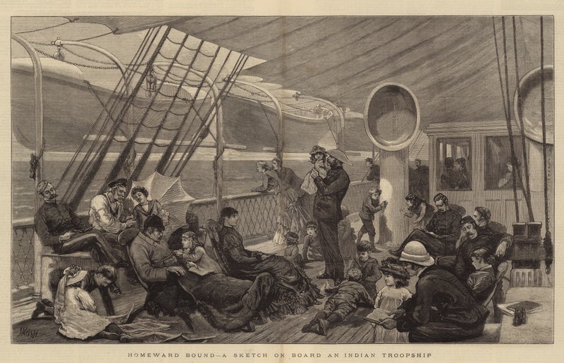 Op weg naar huis, een schets aan boord van een Indiase troepenschip door Joseph Nash