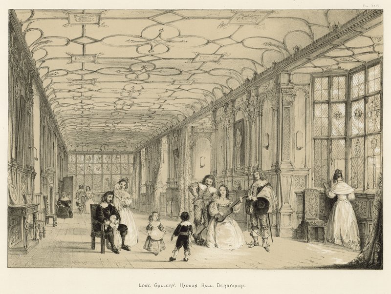 Lange galerij, Haddon Hall, Derbyshire door Joseph Nash