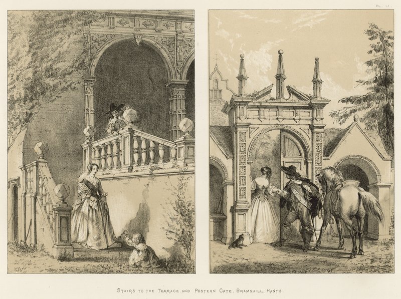 Trappen naar het terras en Postern Gate, Bramshill, Hants door Joseph Nash