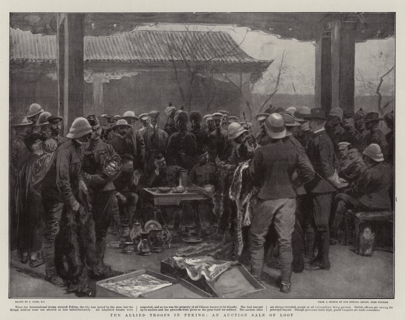 De geallieerde troepen in Peking, een veiling van buit door Joseph Nash