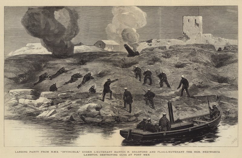 Het bombardement van Alexandrië, landingspartij van HMS Invincible, onder luitenant Barton R. Bradford en vlag-luitenant de eerbiedwaardige Hedworth Lambton die kanonnen vernietigen bij Fort Mex door Joseph Nash