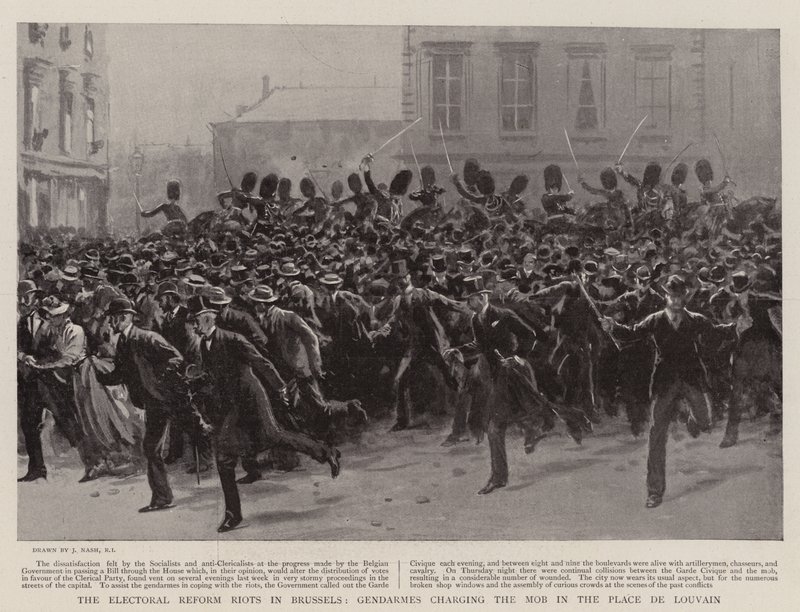 De Kieshervormingsrellen in Brussel, Gendarmes bestormen de menigte op de Place de Louvain door Joseph Nash