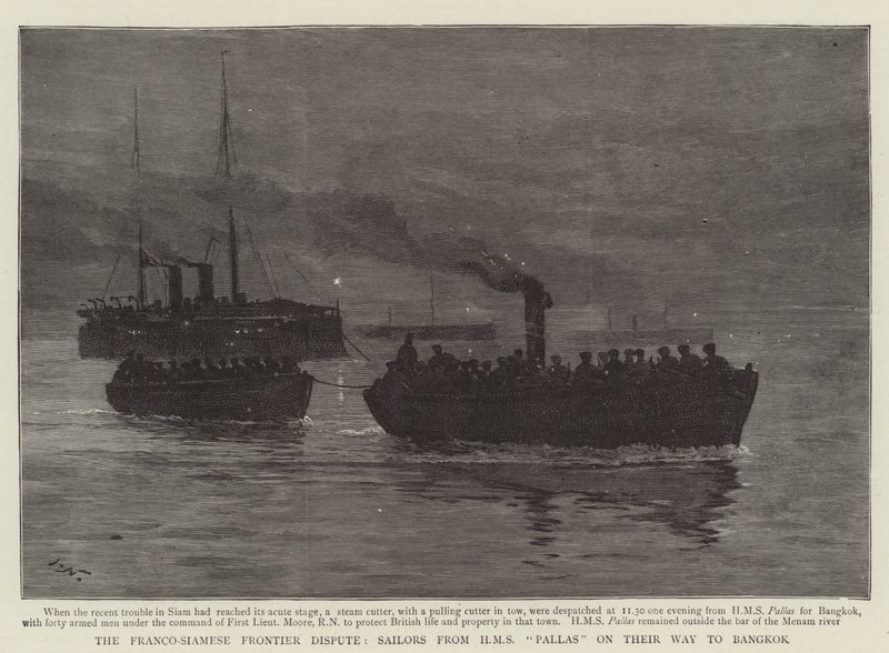 Het Frans-Siamese grensgeschil, matrozen van HMS Pallas op weg naar Bangkok door Joseph Nash