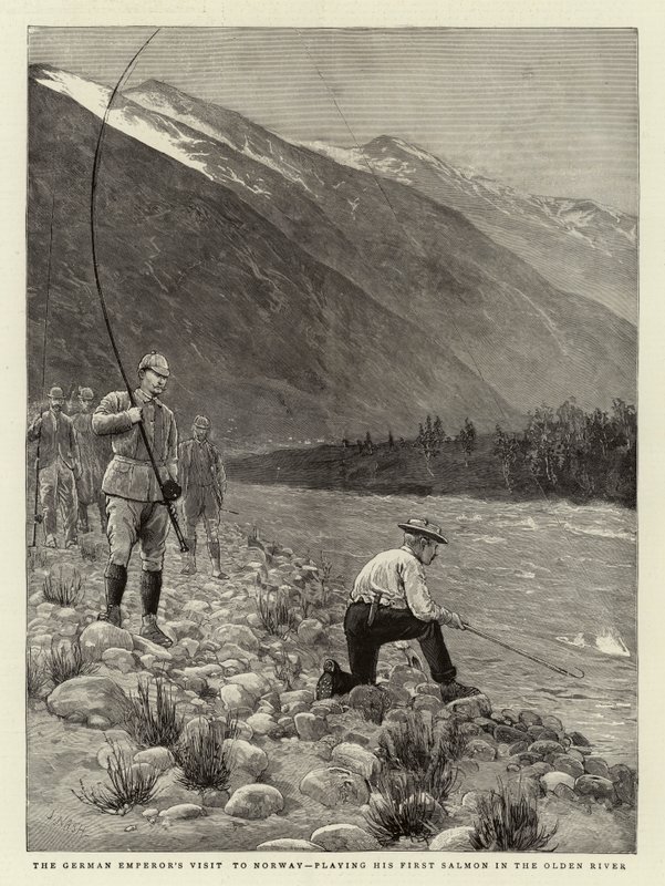 Het bezoek van de Duitse keizer aan Noorwegen, zijn eerste zalm vissend in de Olden-rivier door Joseph Nash