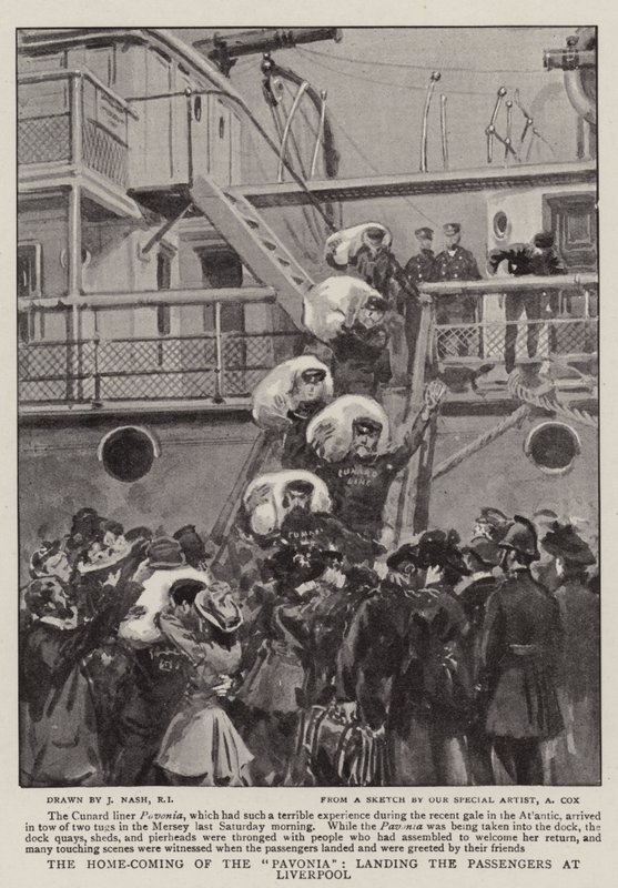 De Thuiskomst van de Pavonia, het ontschepen van de Passagiers in Liverpool door Joseph Nash