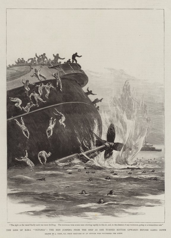 Het verlies van HMS Victoria, de mannen springen van het schip terwijl het ondersteboven draait voordat het zinkt door Joseph Nash