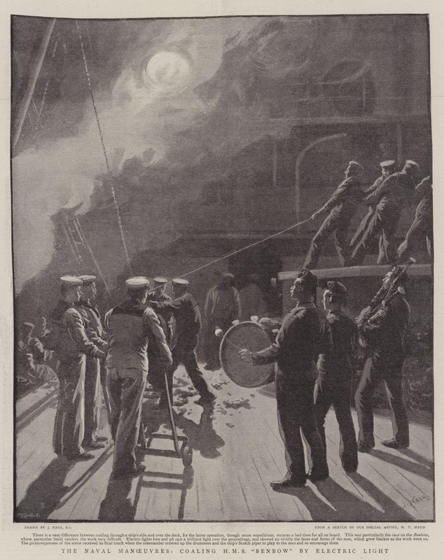 De Marine Manoeuvres, het bijvullen van HMS Benbow met Elektrisch Licht door Joseph Nash