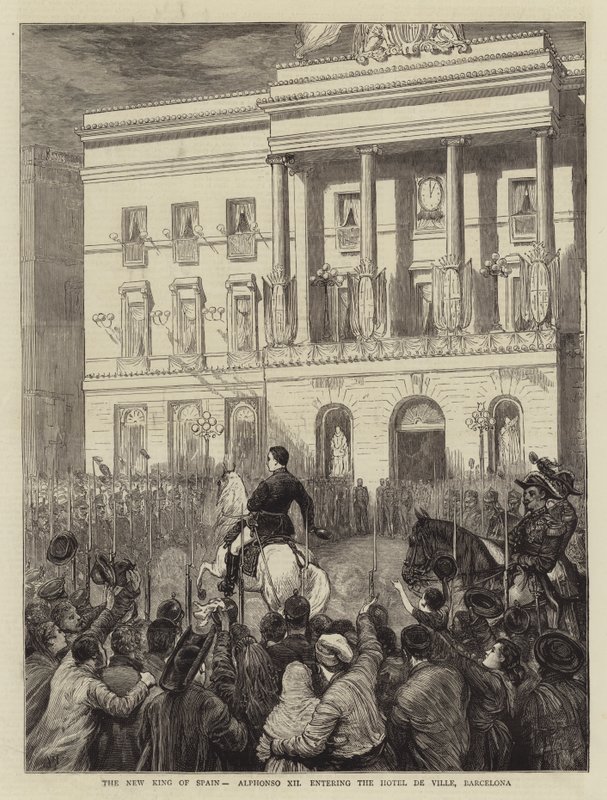 De nieuwe koning van Spanje, Alphonso XII betreedt het Hotel de Ville, Barcelona door Joseph Nash