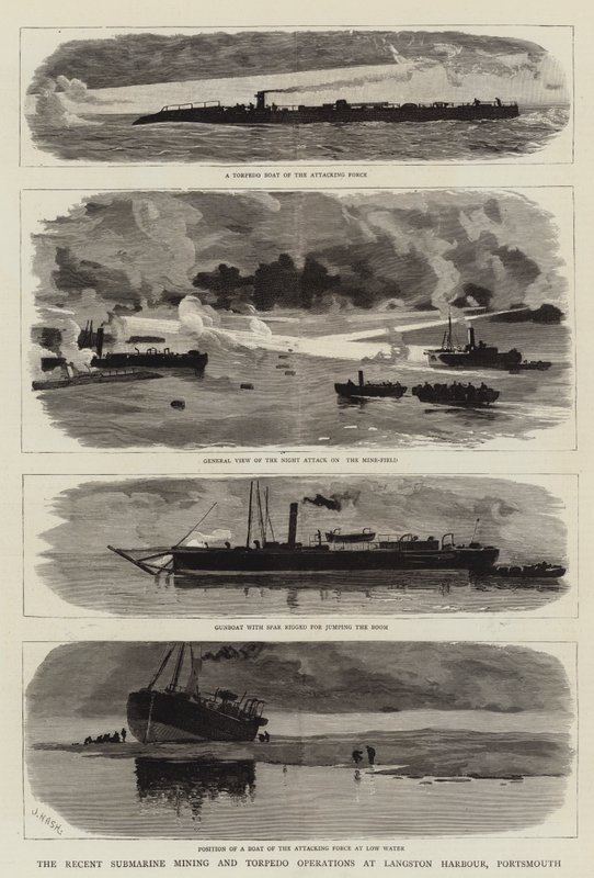 De recente onderzeese mijn- en torpedo-operaties in Langston Harbour, Portsmouth door Joseph Nash