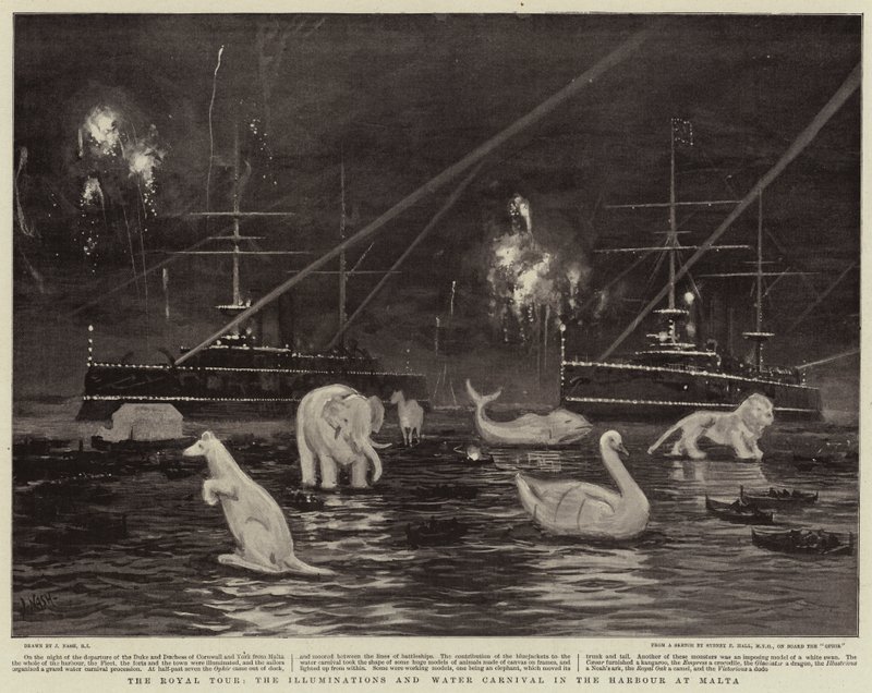 De koninklijke tour, de verlichting en watercarnaval in de haven van Malta door Joseph Nash