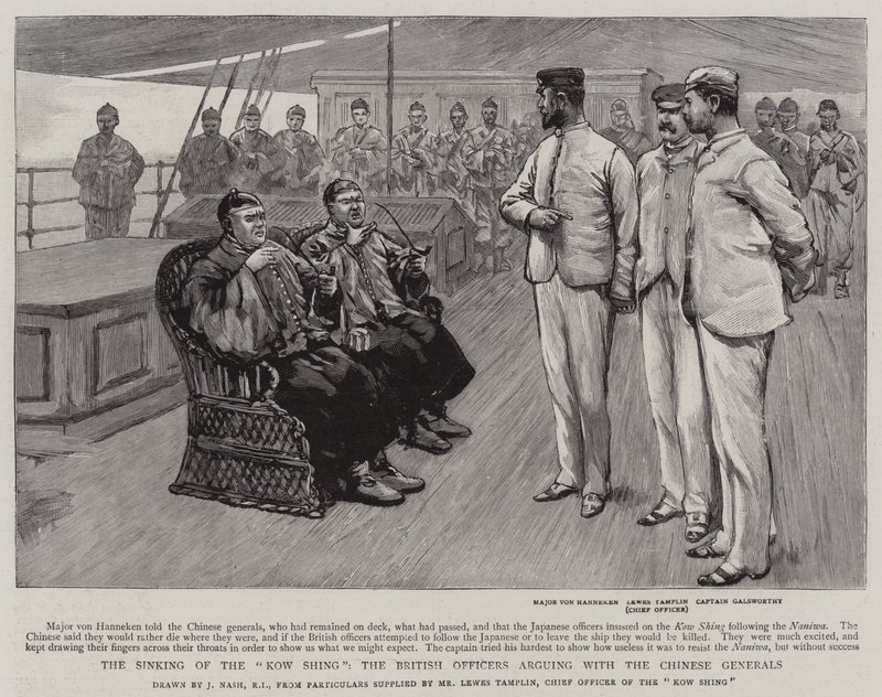 Het zinken van de Kow Shing, de Britse Officieren ruziën met de Chinese Generaals door Joseph Nash