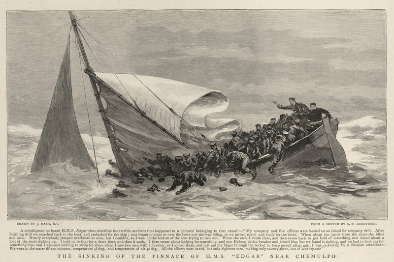 Het zinken van de sloep van H.M.S. Edgar nabij Chemulpo door Joseph Nash