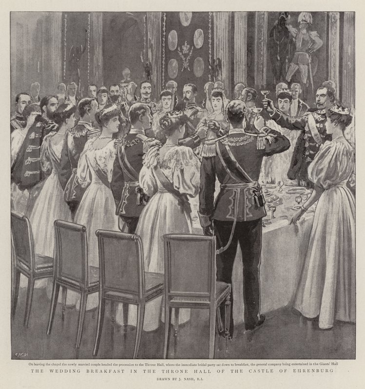 Het Huwelijksontbijt in de Troonzaal van het Kasteel van Ehrenburg door Joseph Nash