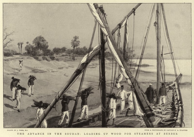De opmars in de Soedan, hout laden voor stoomschepen in Berber door Joseph Nash