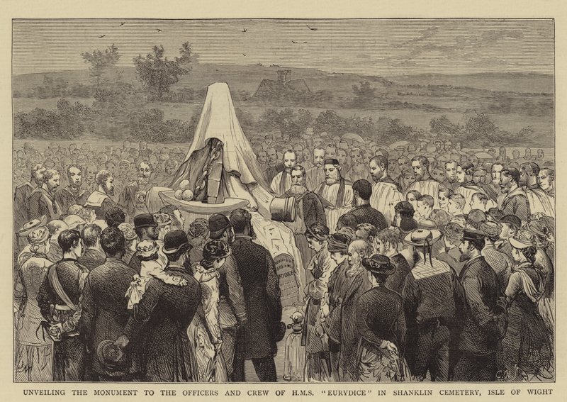 Onthulling van het monument voor de officieren en bemanning van HMS Eurydice op Shanklin Cemetery, Isle of Wight door Joseph Nash