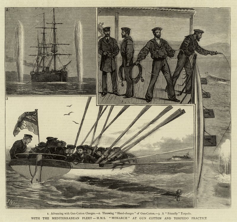 Met de Middellandse Zeevloot, H.M.S. Monarch bij kruit- en torpedopraktijk door Joseph Nash