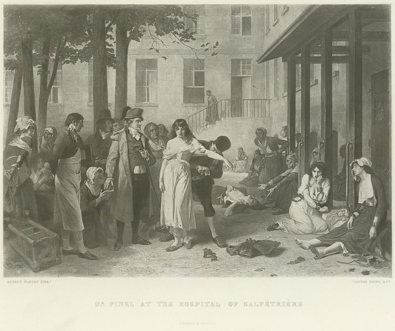 Dr. Pinel in het ziekenhuis van Salpetriere (gravure) door Joseph Nicolas Robert Fleury