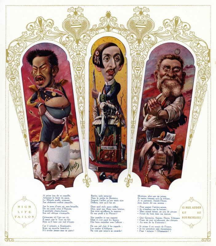 Karikaturen: Meiji Keizer van Japan; Maurice Barres, Franse schrijver en nationalist politicus; Jean Jaures, Franse politicus door Joseph Sirat