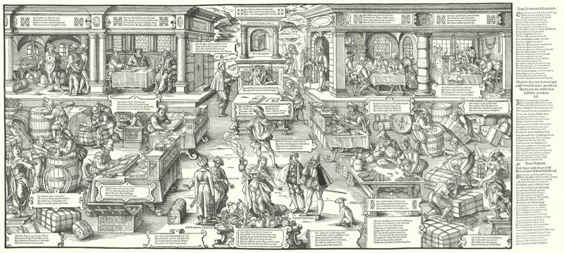 Leven van Duitse kooplieden en handelaars in de 16e eeuw (gravure) door Jost (after) Amman