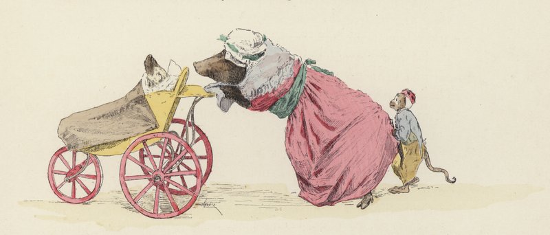 Varken duwt een hond in een kinderwagen, met een aap erachter door Jules Arsene (after) Garnier