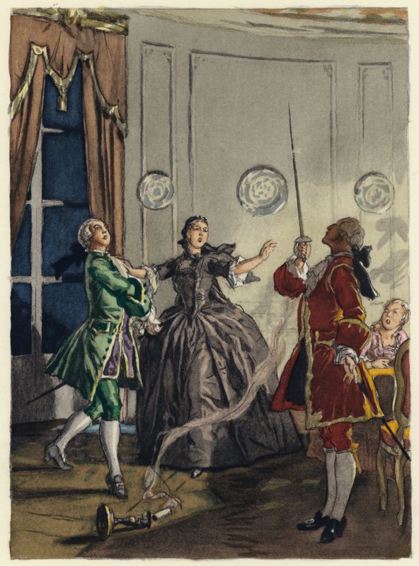 Illustratie voor memoires van Casanova (kleurenlitho) door Jules Marie Auguste Leroux