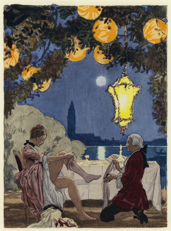 Illustratie voor memoires van Casanova (kleurenlitho) door Jules Marie Auguste Leroux