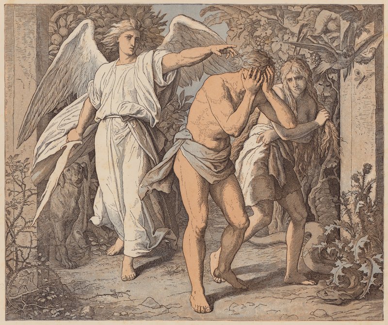 Adam en Eva verdreven uit het Paradijs, Genesis, III, 23, 24 door Julius (after) Schnorr von Carolsfeld