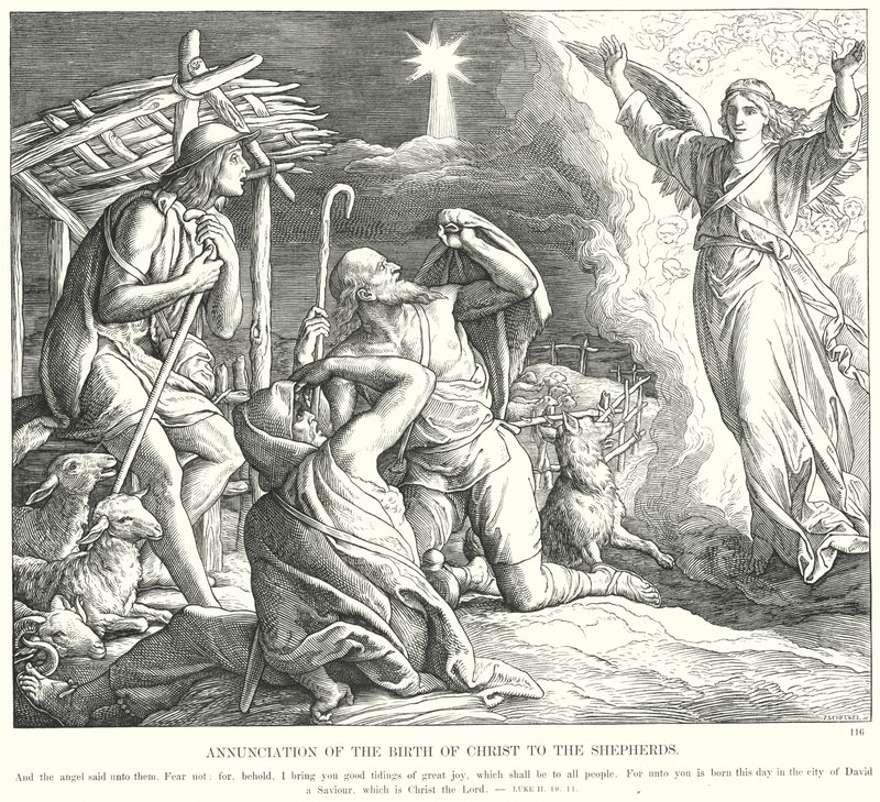 Aankondiging van de Geboorte van Christus aan de Herders (gravure) door Julius (after) Schnorr von Carolsfeld