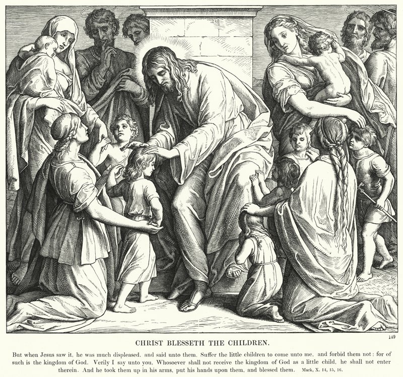 Christus Zegent de Kinderen (gravure) door Julius (after) Schnorr von Carolsfeld