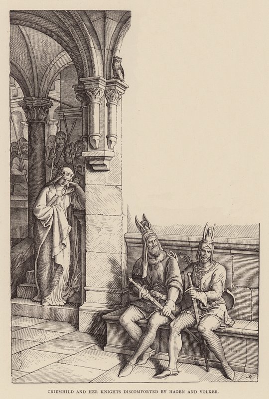 Criemhild en haar ridders verslagen door Hagen en Volker (gravure) door Julius (after) Schnorr von Carolsfeld