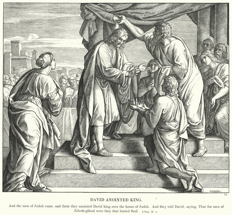 David Gezalvd tot Koning (gravure) door Julius (after) Schnorr von Carolsfeld