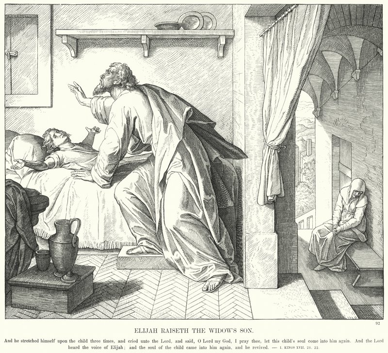 Elia wekt de zoon van de weduwe op door Julius (after) Schnorr von Carolsfeld