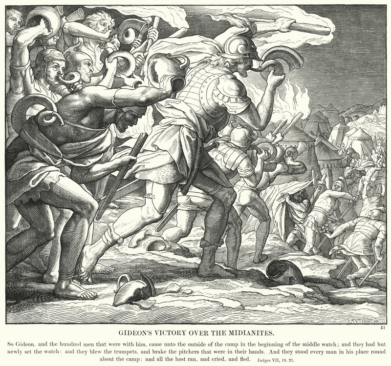 Gideons Overwinning op de Midianieten (gravure) door Julius (after) Schnorr von Carolsfeld
