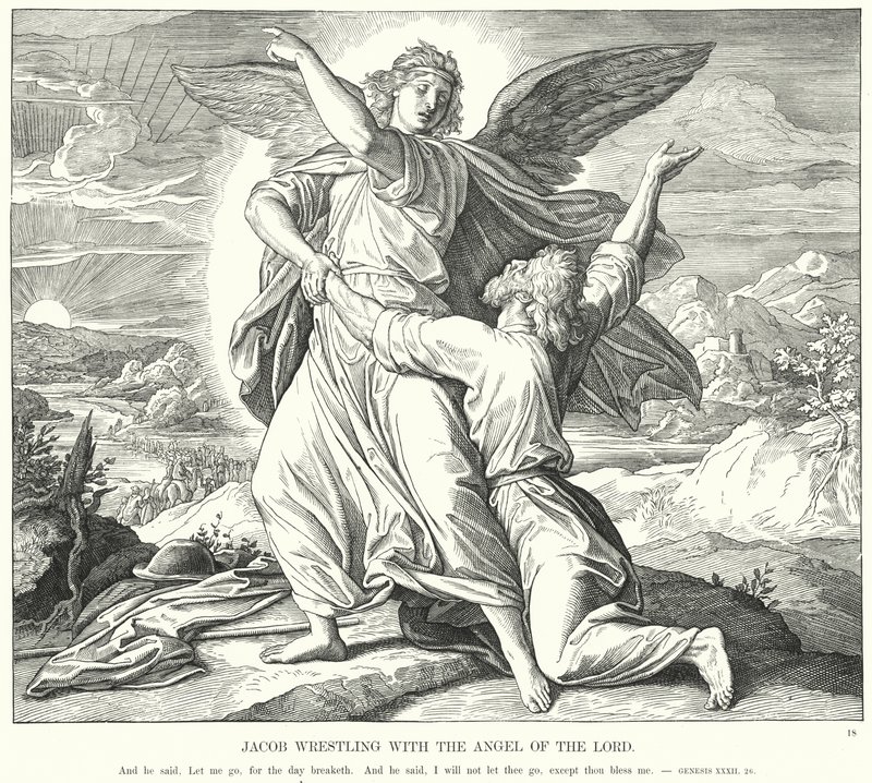 Jakob Worstelt met de Engel des Heren (gravure) door Julius (after) Schnorr von Carolsfeld