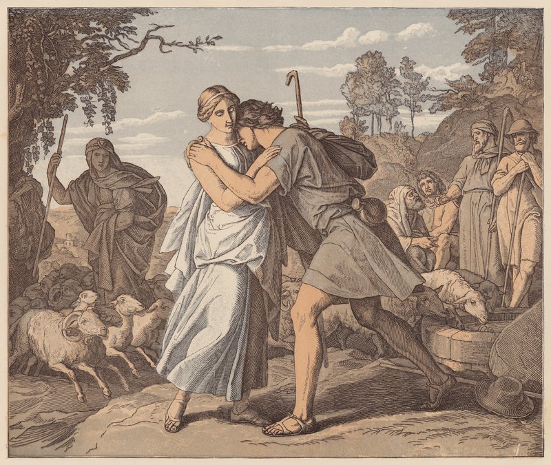 Jacob en Rachel bij de Bron, Genesis, XXIX door Julius (after) Schnorr von Carolsfeld
