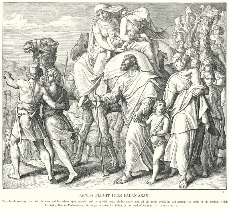 Jakobs Vlucht uit Padan-Aram (gravure) door Julius (after) Schnorr von Carolsfeld