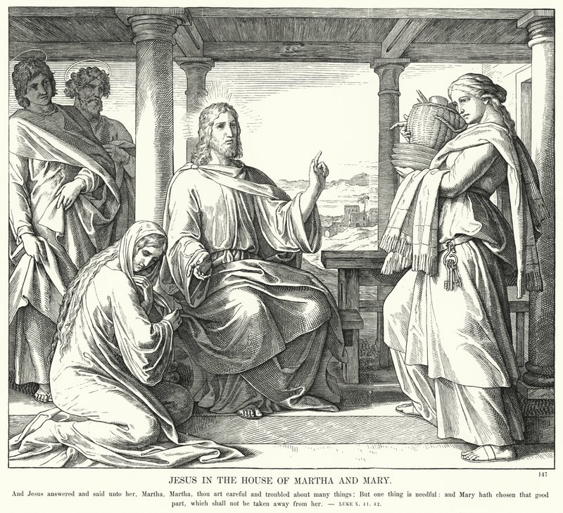 Jezus in het Huis van Martha en Maria (gravure) door Julius (after) Schnorr von Carolsfeld
