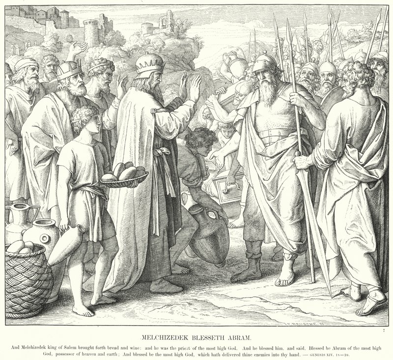 Melchizedek Zegent Abram (gravure) door Julius (after) Schnorr von Carolsfeld