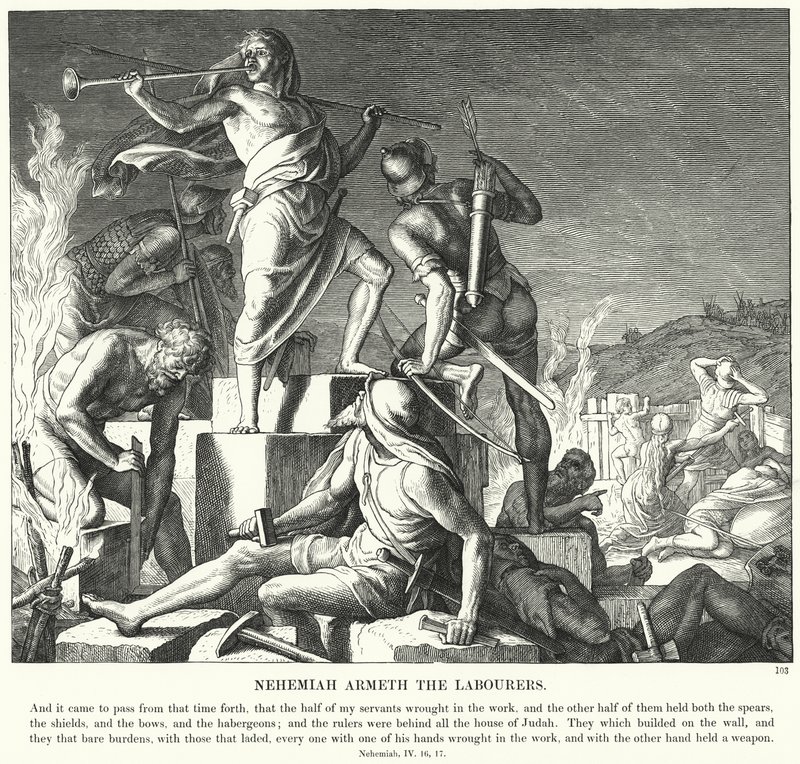 Nehemia bewapent de arbeiders door Julius (after) Schnorr von Carolsfeld