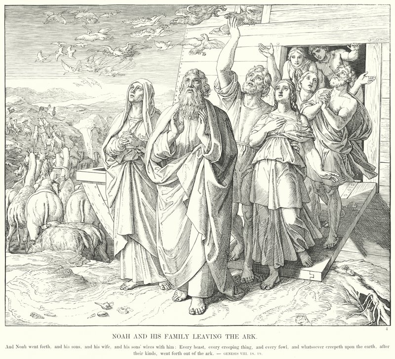 Noach en zijn Familie Verlaten de Ark (gravure) door Julius (after) Schnorr von Carolsfeld