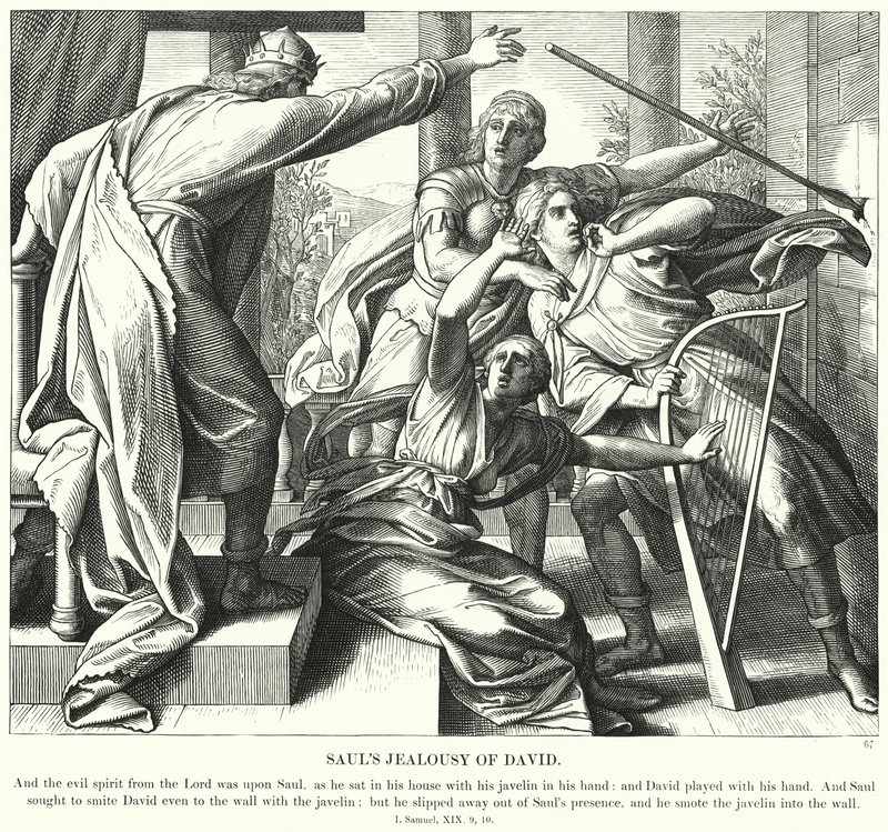 Sauls Jaloezie op David (gravure) door Julius (after) Schnorr von Carolsfeld