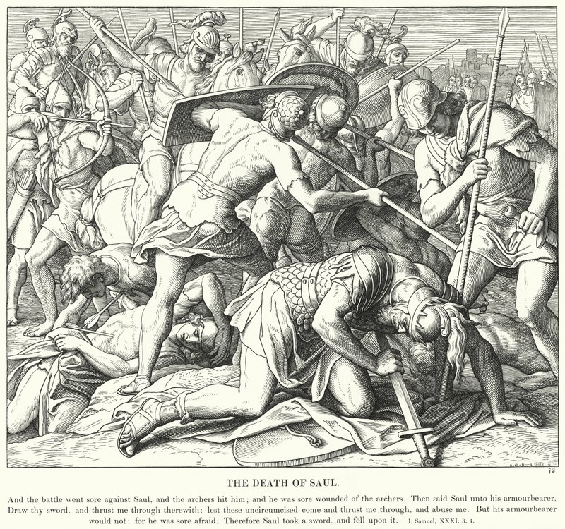 De Dood van Saul (gravure) door Julius (after) Schnorr von Carolsfeld