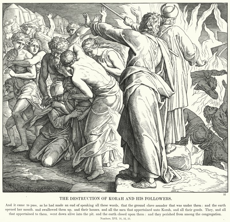 De Vernietiging van Korach en zijn Volgelingen (gravure) door Julius (after) Schnorr von Carolsfeld