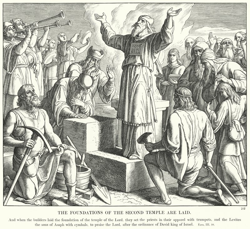 De fundamenten van de tweede tempel worden gelegd door Julius (after) Schnorr von Carolsfeld