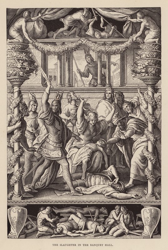 De slachting in de banketzaal door Julius (after) Schnorr von Carolsfeld