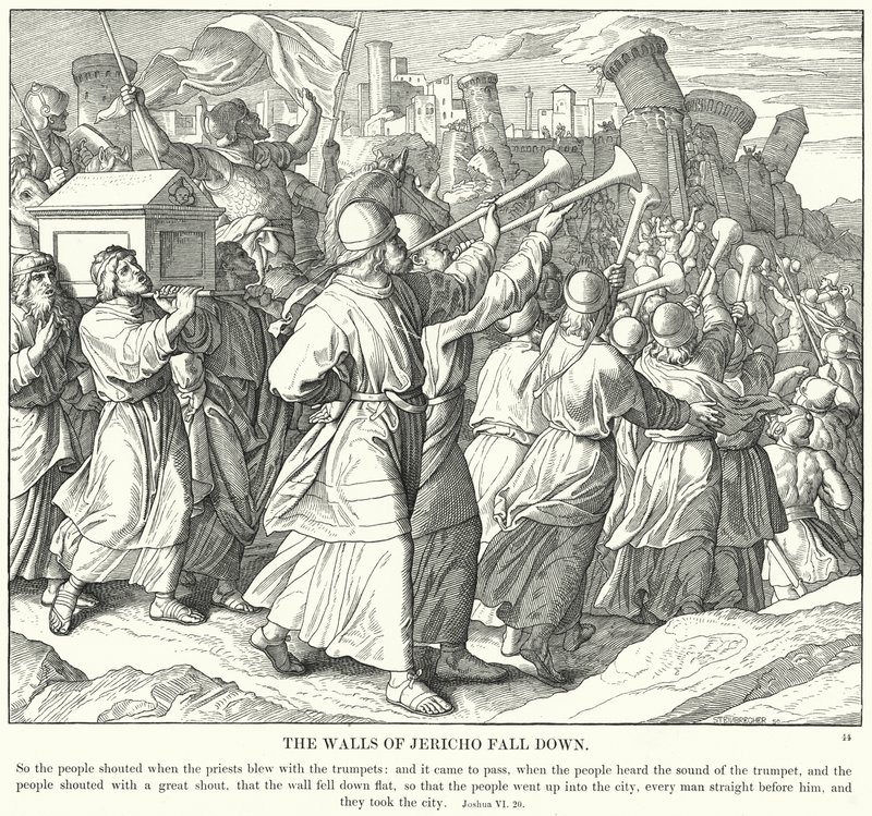 De muren van Jericho vallen door Julius (after) Schnorr von Carolsfeld