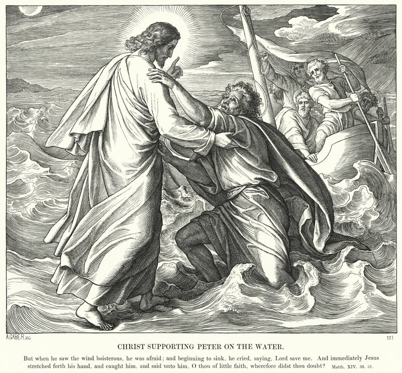 Christus ondersteunt Petrus op het water door Julius Schnorr von Carolsfeld