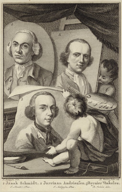 Portretten van Izaak Schmidt, Jurriaen Andriessen en Reinier Vinkeles door Jurriaan Andriessen