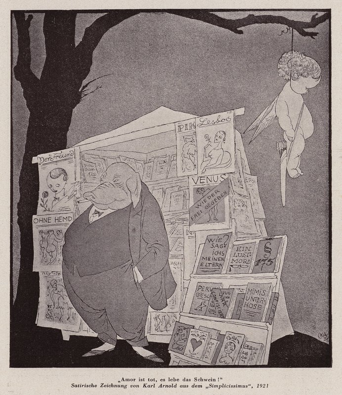 Cupido hangend aan een boom boven een straatkiosk die pornografie verkoopt (litho) door Karl Arnold