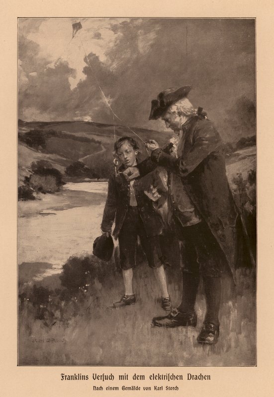 Benjamin Franklin onderzoekt bliksem (litho) door Karl Storch